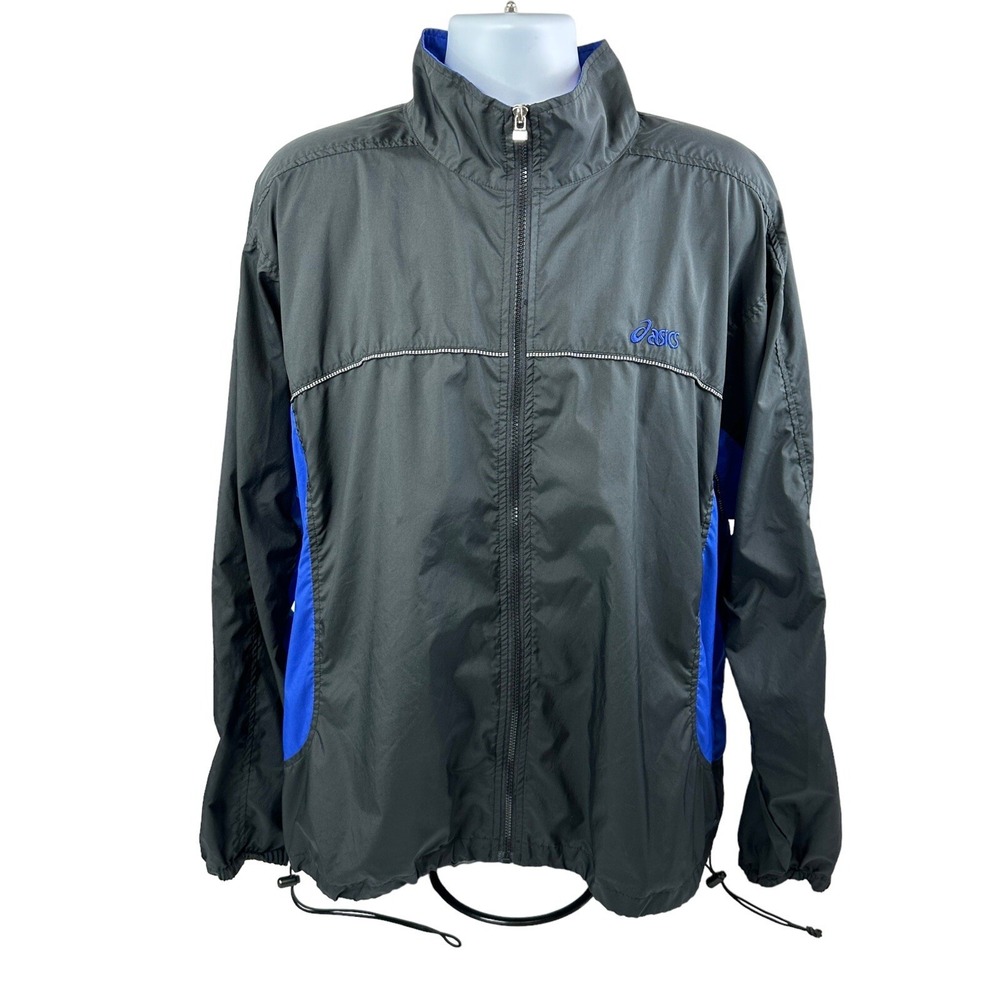 VTG Asics Light‎ Running Jacket Mens XL Black Blue Full Zip Vented Windbreaker